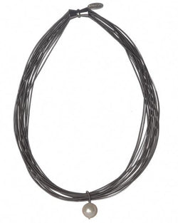 Slate Piano Wire Necklace with Single White Pearl