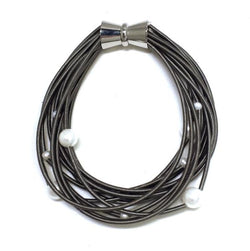 Slate Piano Wire Bracelet with White Freshwater Pearls