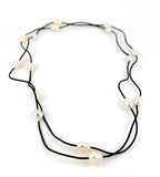 Brown Single Long Leather Necklace with White Freshwater Pearls
