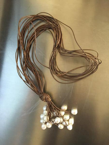Tan Lariat Long Leather Necklace with White Pearls