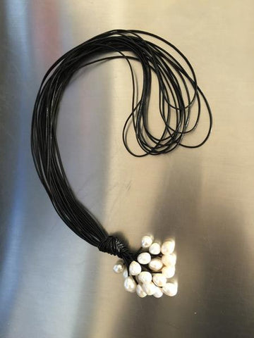 Black Lariat Long Leather Necklace with White Pearls