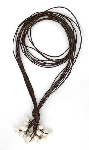 Brown Long Lariat Leather Necklace with White Pearls