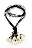 Brown Long Lariat Leather Necklace with White Pearls