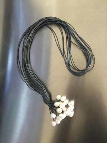 Gray Lariat Long Leather Necklace with White Pearls