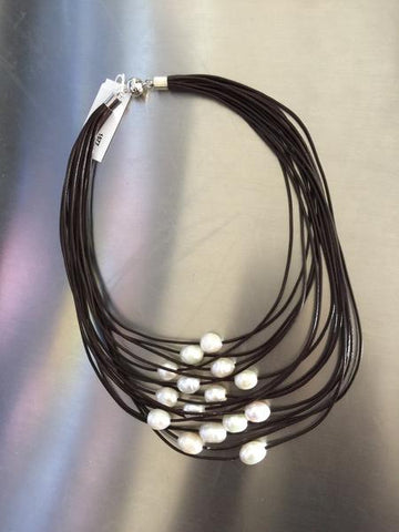 Brown 15 Layer Leather Necklace with White Pearls