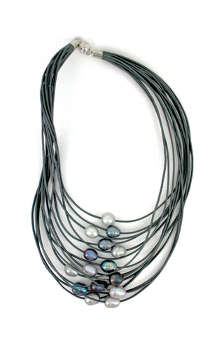 Gray 15 Layer Leather Necklace with Gray Pearls
