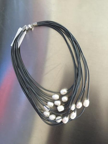 Gray 15 Layer Leather Necklace with White Pearls