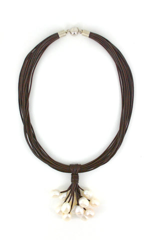 Brown Leather Cluster Necklace with White Freshwater Pearls