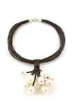 Brown Leather Cluster Necklace with White Freshwater Pearls