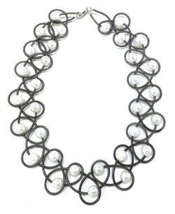 Slate Lace Piano Wire Necklace w. White Pearls