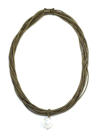 Bronze Piano Wire Necklace w. White Pearl Drop
