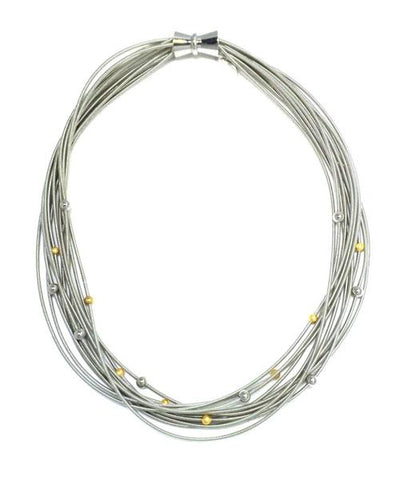 Silver Piano Wire Necklace with Silver and Gold Beads