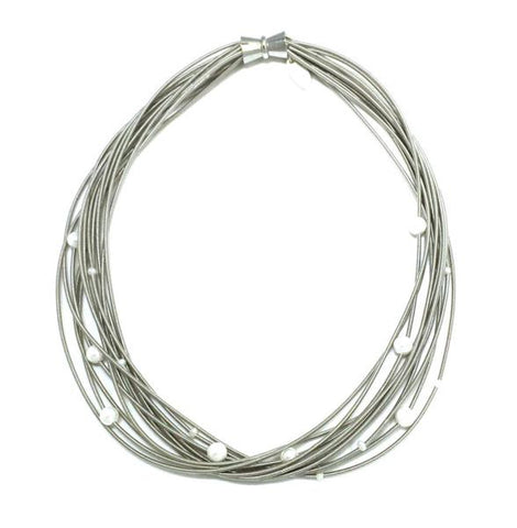 Silver Piano Wire Necklace with White Freshwater Pearls