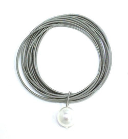Silver Piano Wire Bracelet with Single White Pearl