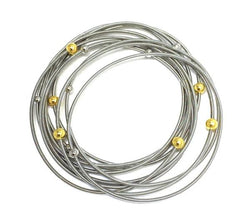 Silver Piano Wire Bracelet with Silver and Gold Beads