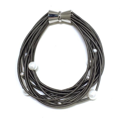 Slate Piano Wire Bracelet with White Freshwater Pearls