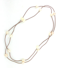 Tan Single Long Leather Necklace with White Freshwater Pearls
