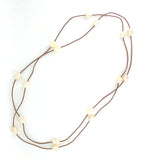 Tan Single Long Leather Necklace with White Freshwater Pearls