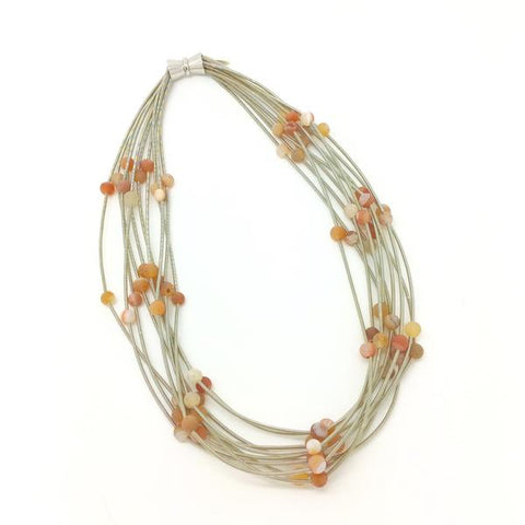 Silver 10 Layer Piano Wire Necklace with Apricot Geode Stones